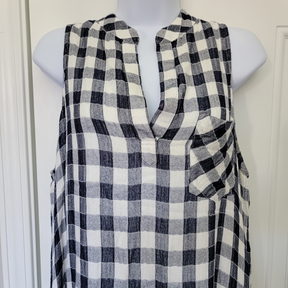 Cloth & Stone Anthropologie V Neck Sleeveless Gingham Blue White Dress Check L - Picture 2 of 13